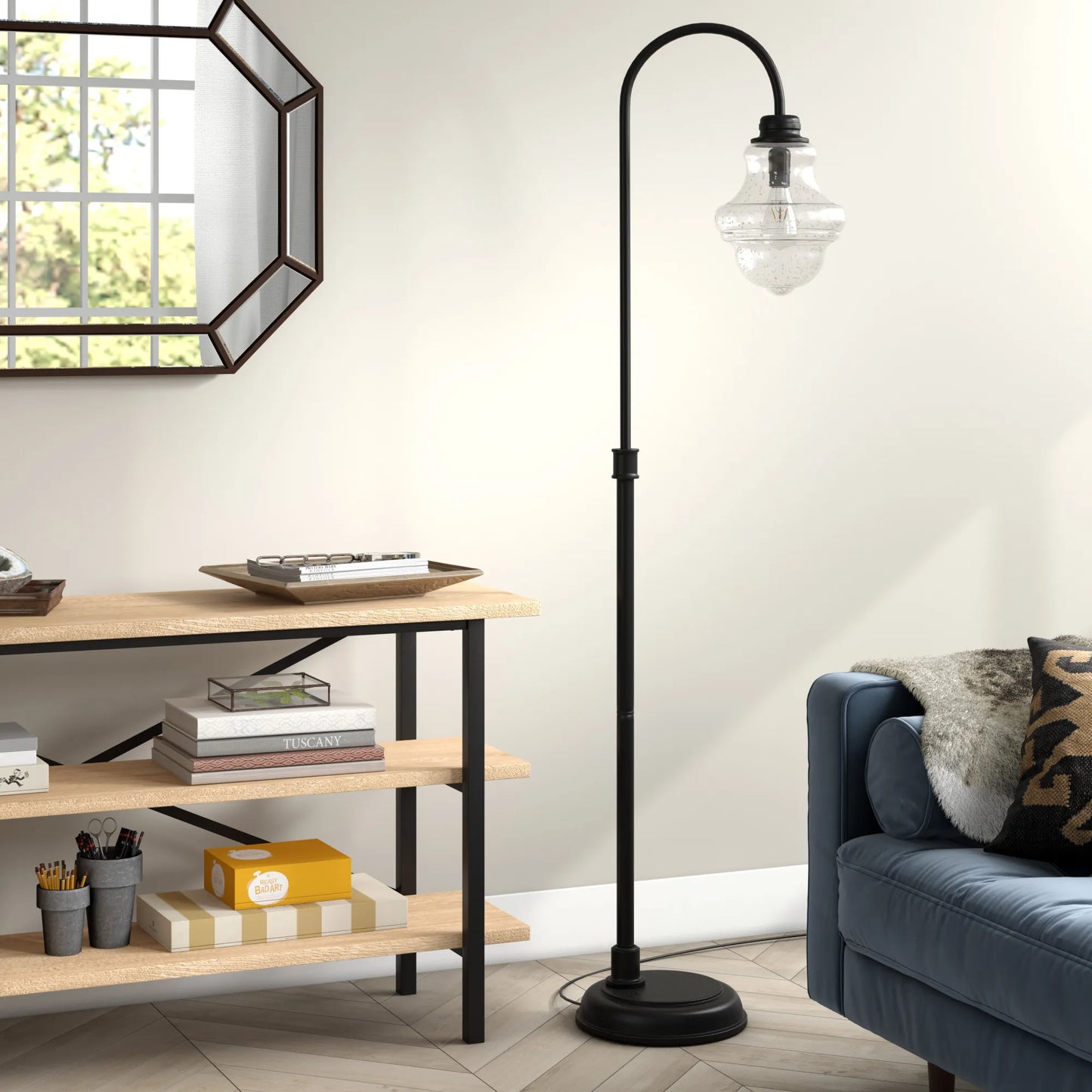 Black Arched Floor Lamp with Glass Shade