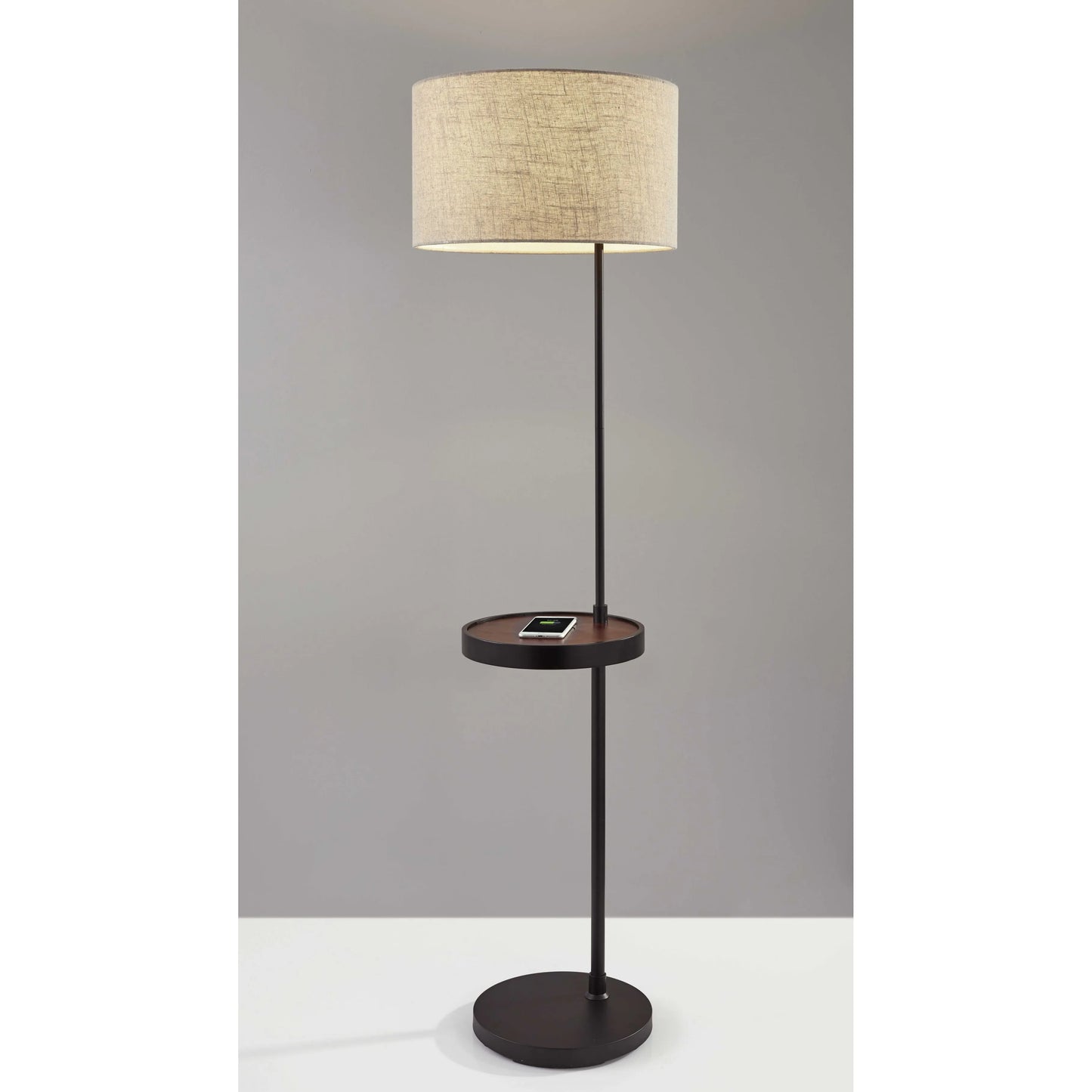 Beige Tray Table Floor Lamp with Drum Shade
