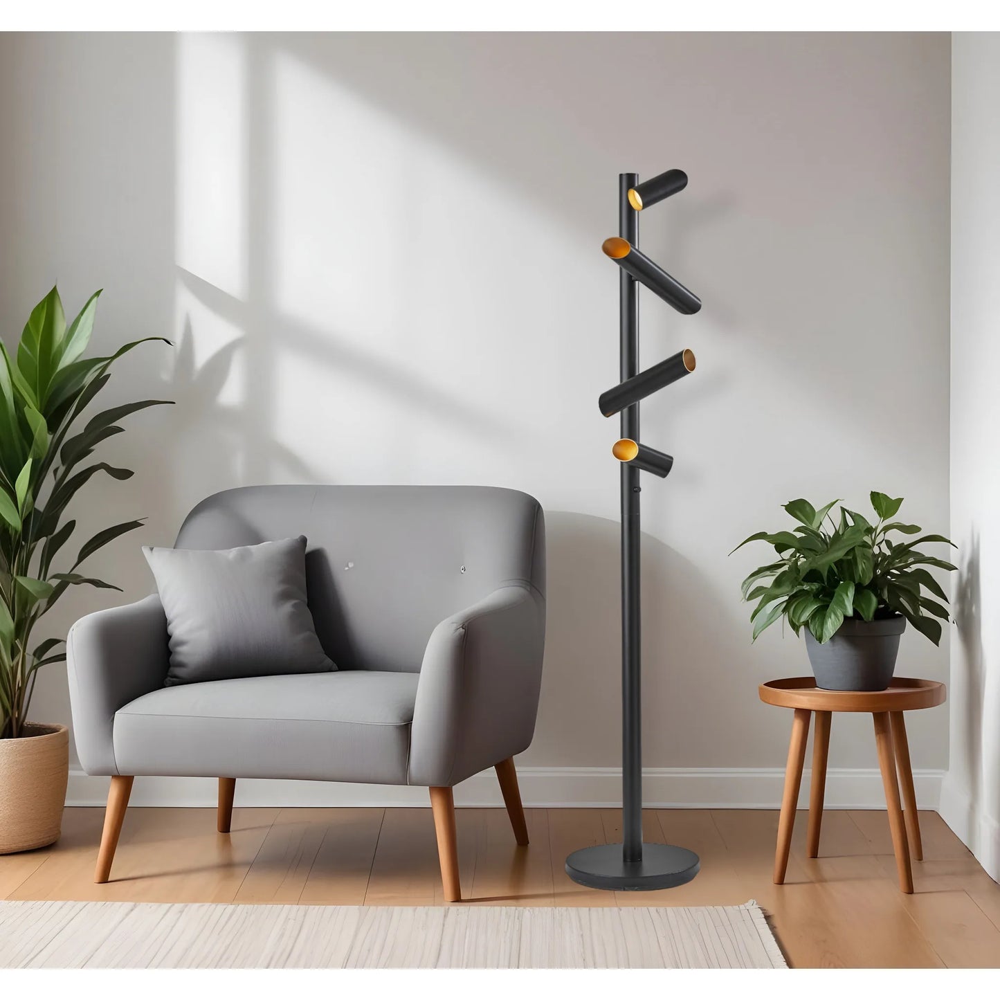 Modern Black Tree Floor Lamp with Cylinder Shades