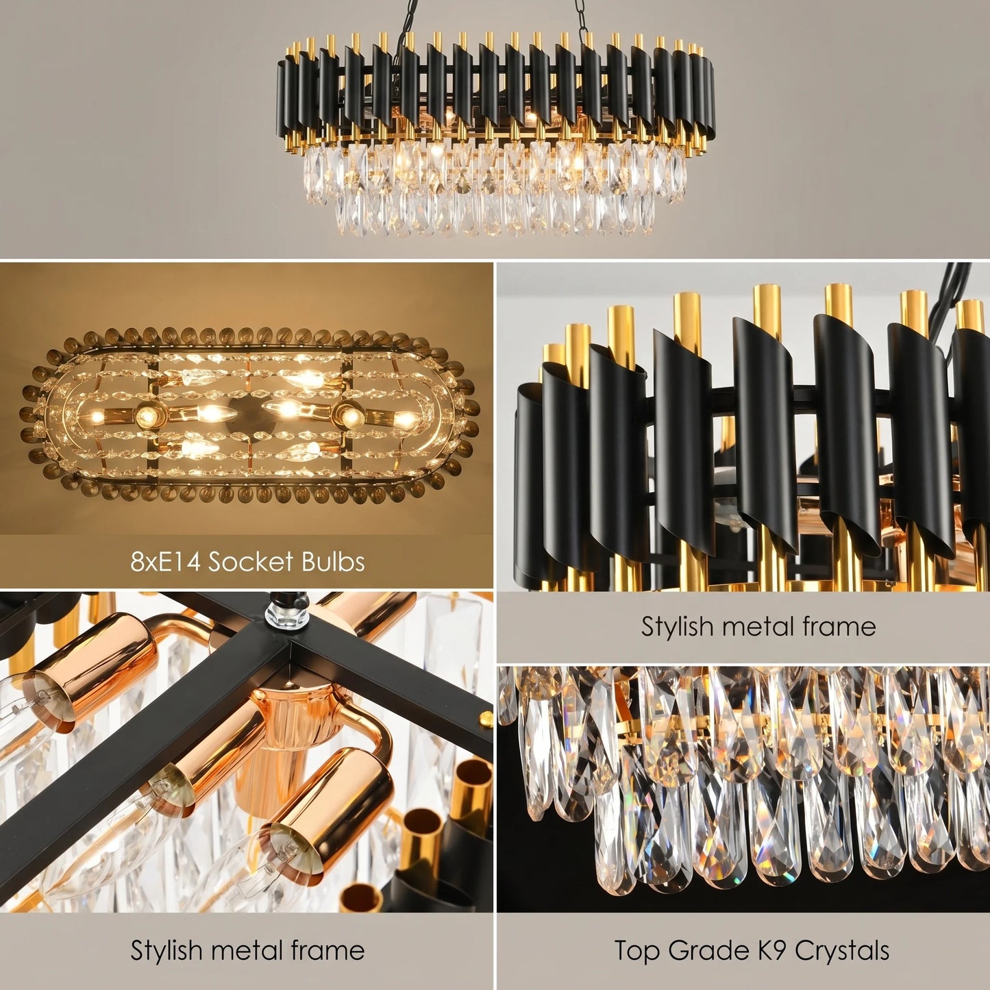 Black & Gold 3-Tier Oval Crystal Chandelier, 120 cm