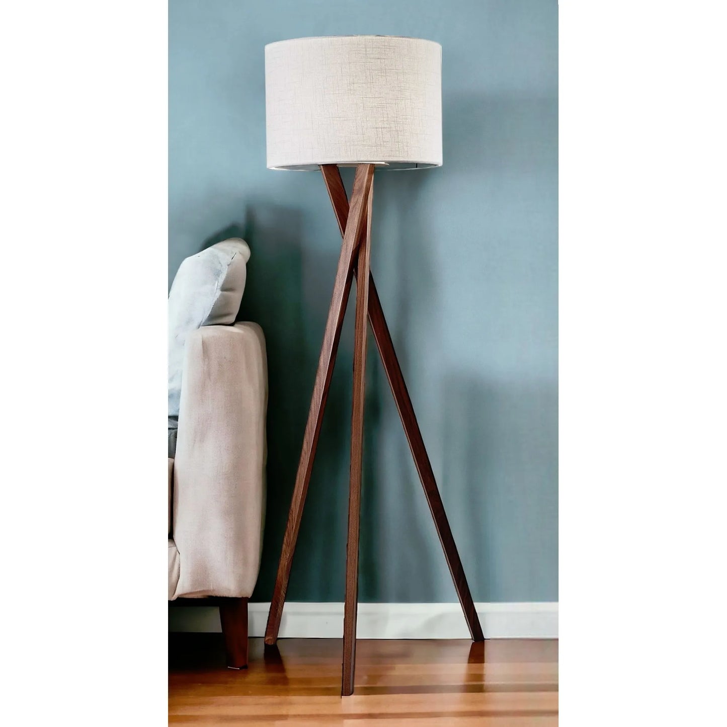 Wood Tripod Floor Lamp with Linen Shade
