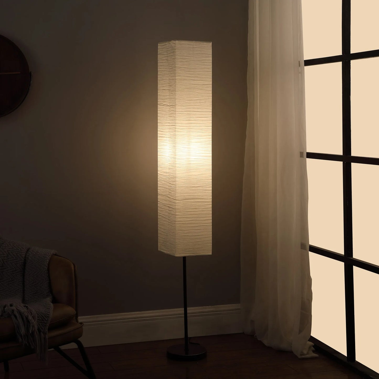 Industrial Black LED Floor Lamp with Paper Shade