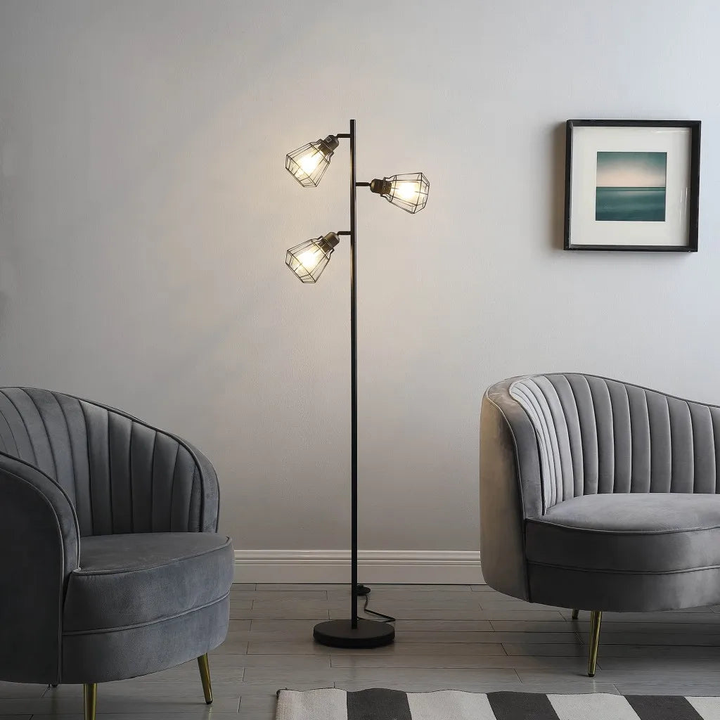 Black Metal LED Floor Lamp Three Light Tree Design