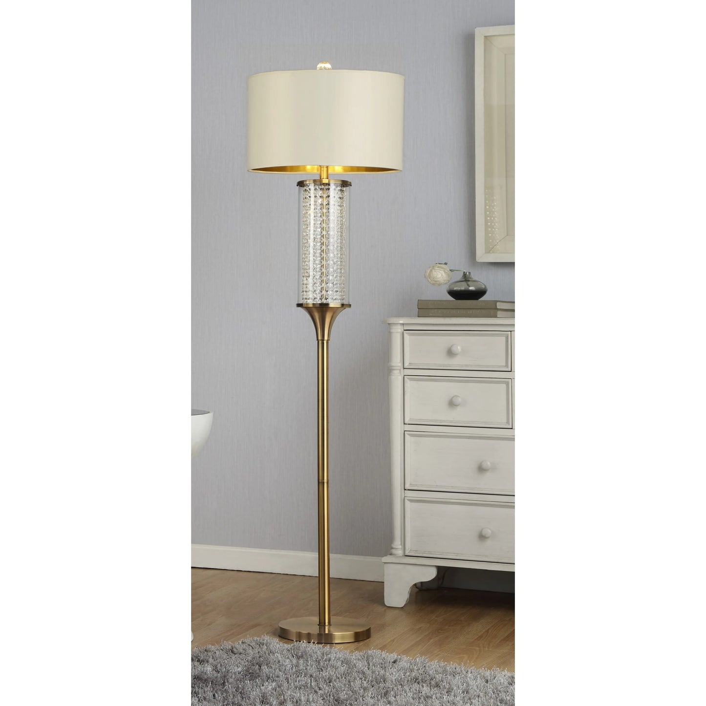 Gold Column LED Floor Lamp Off-White Metal Drum Shade