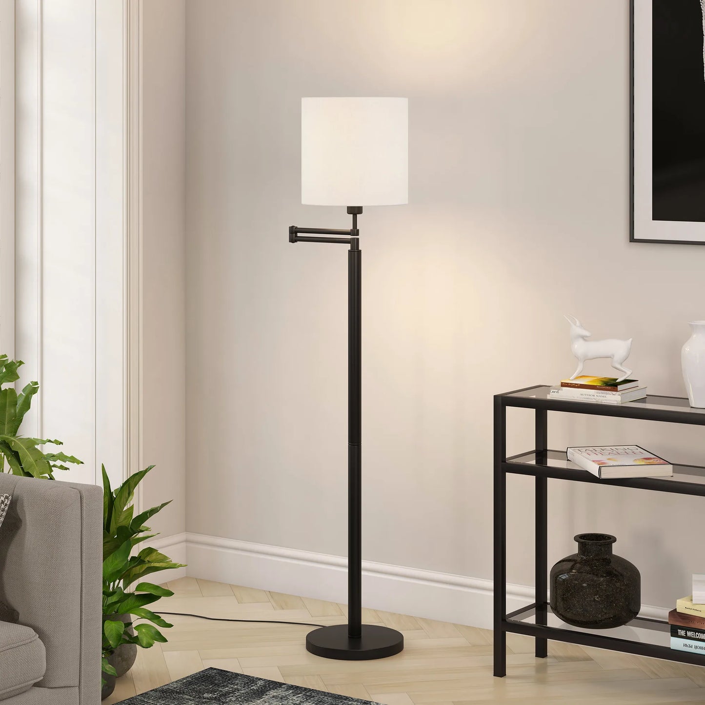 Contemporary Swing Arm Floor Lamp with Frosted Shade
