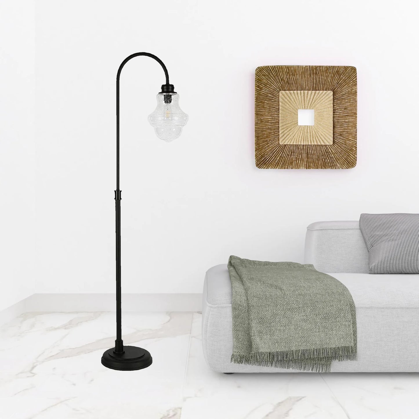 Black Arched Floor Lamp with Glass Shade