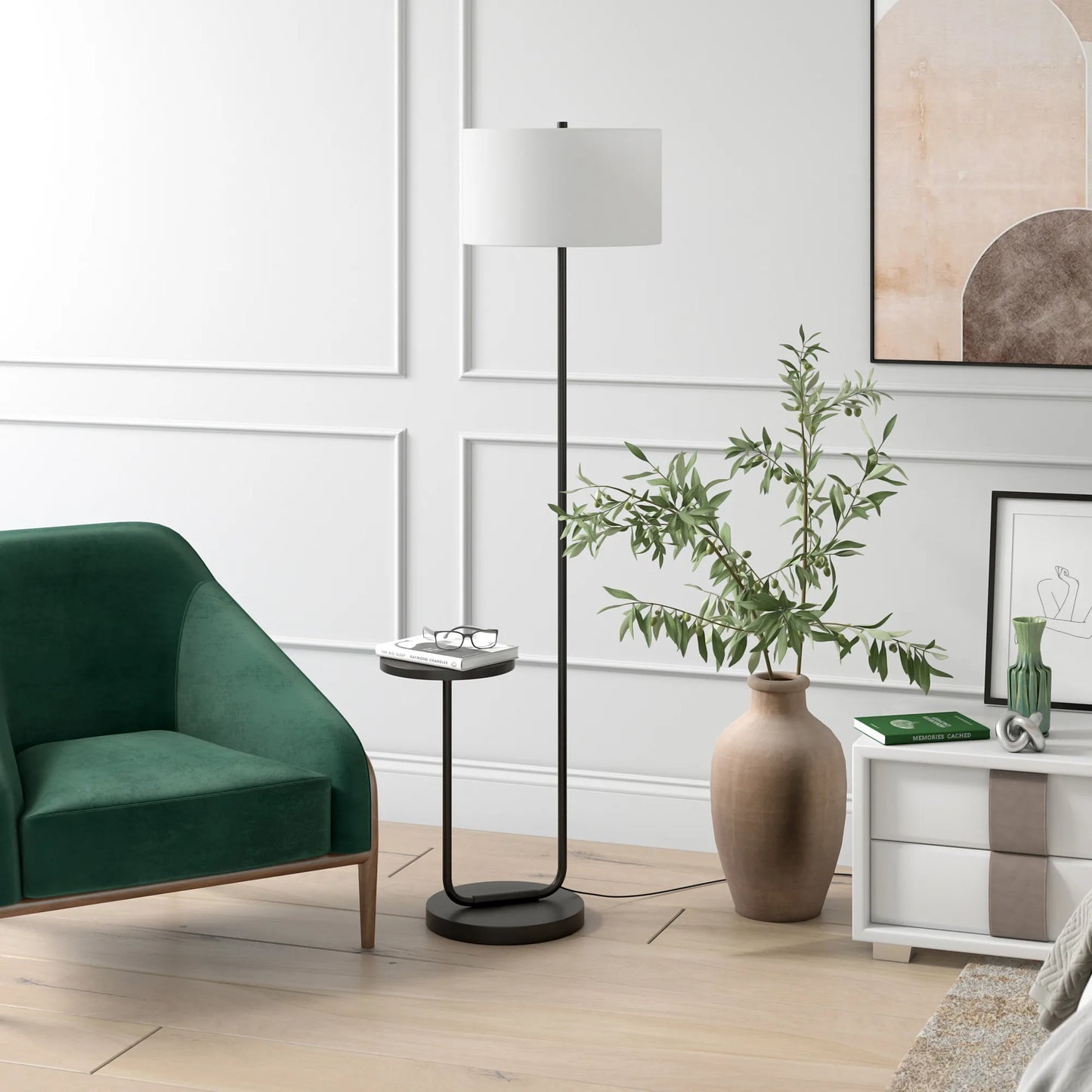 Black Tray Table Floor Lamp with Frosted Shade