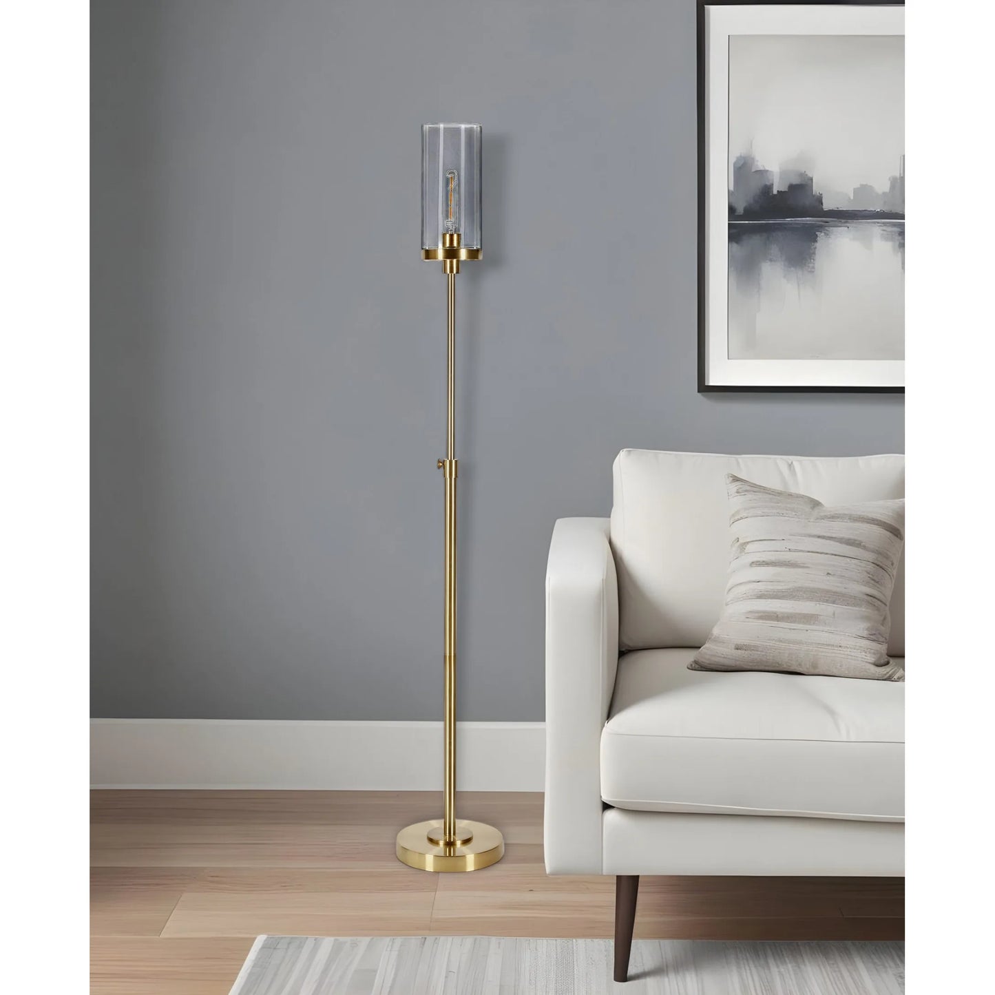 Adjustable Brass Torchiere Floor Lamp with Glass Shade