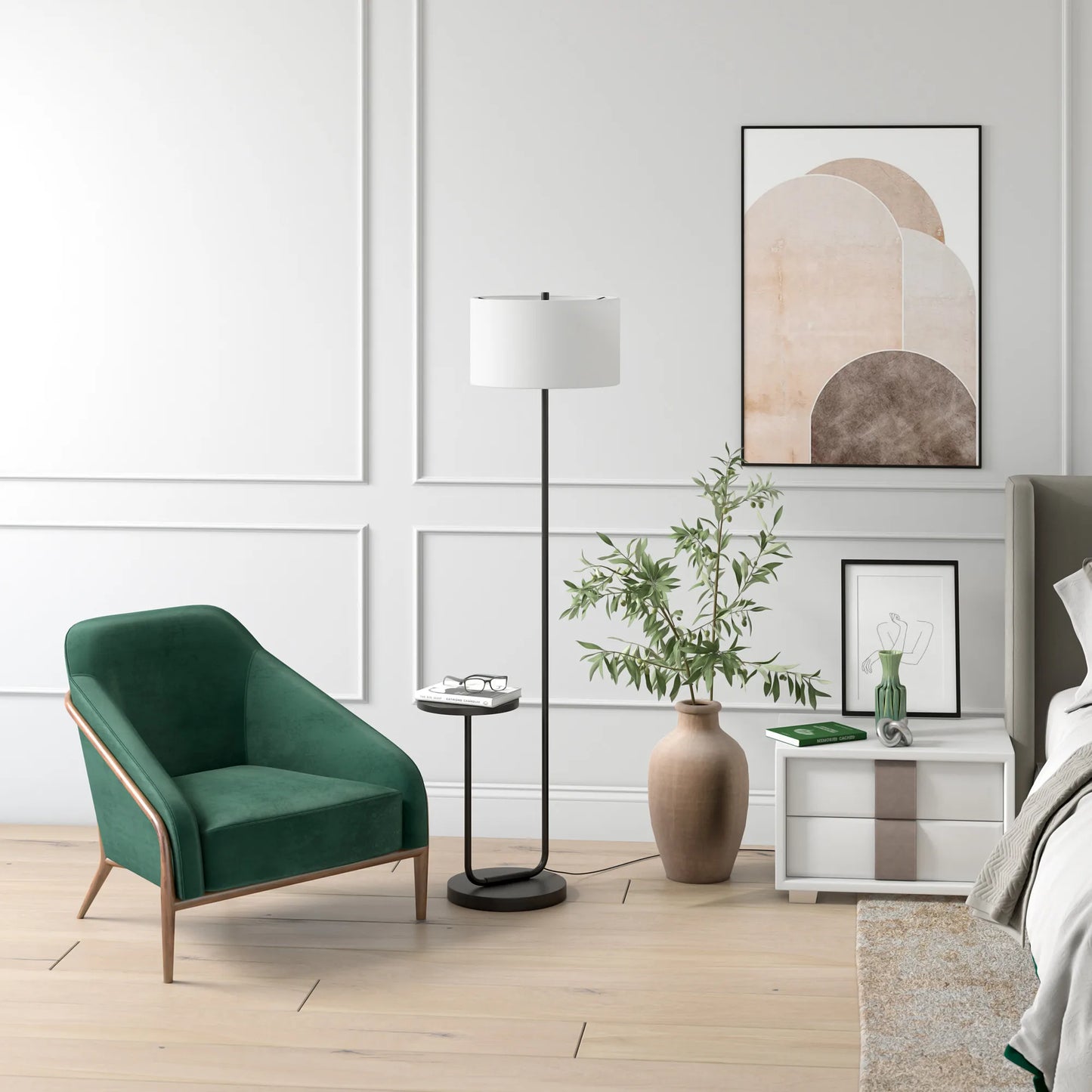 Black Tray Table Floor Lamp with Frosted Shade