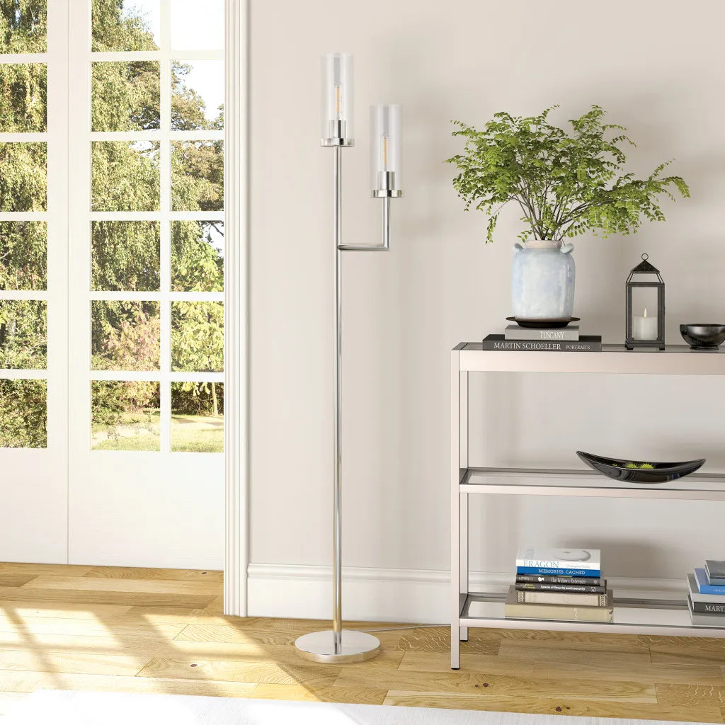 Nickel Two-Light Torchiere Floor Lamp with Glass Shade
