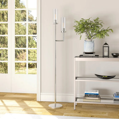 Nickel Two-Light Torchiere Floor Lamp with Glass Shade