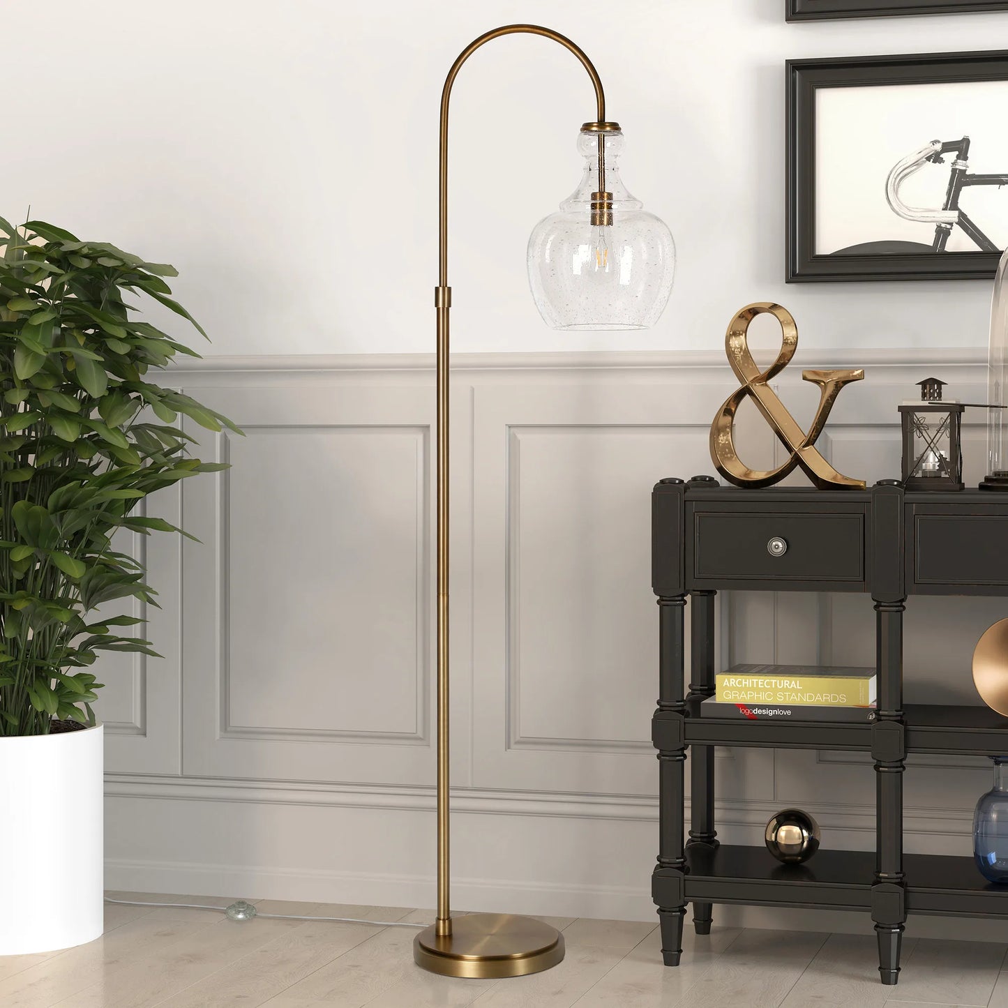 Brass Arched Floor Lamp with Glass Dome Shade