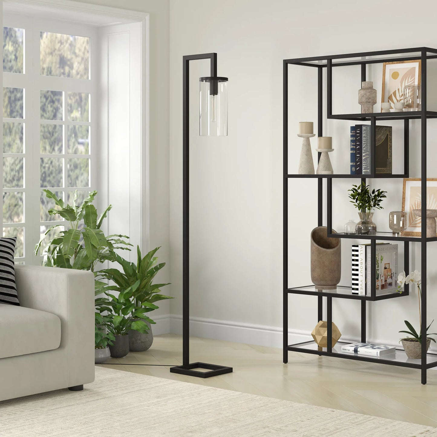 Black LED Floor Lamp with Glass Drum Shade