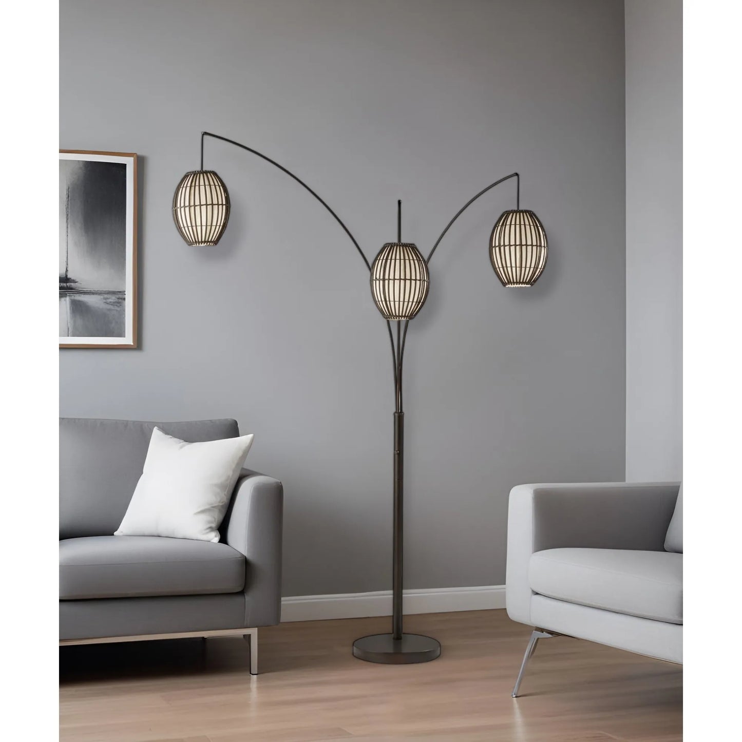 Contemporary Three-Light Tree Floor Lamp with Wicker Shade