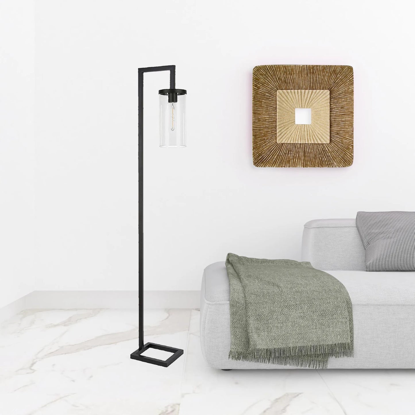 Black LED Floor Lamp with Glass Drum Shade