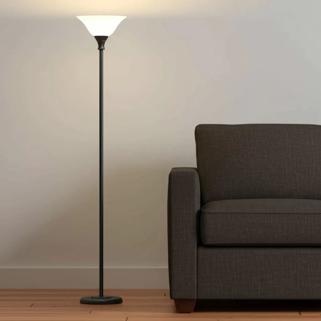 Black Torchiere Floor Lamp with Glass Dome Shade