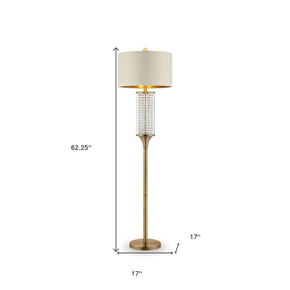 Gold Column LED Floor Lamp Off-White Metal Drum Shade