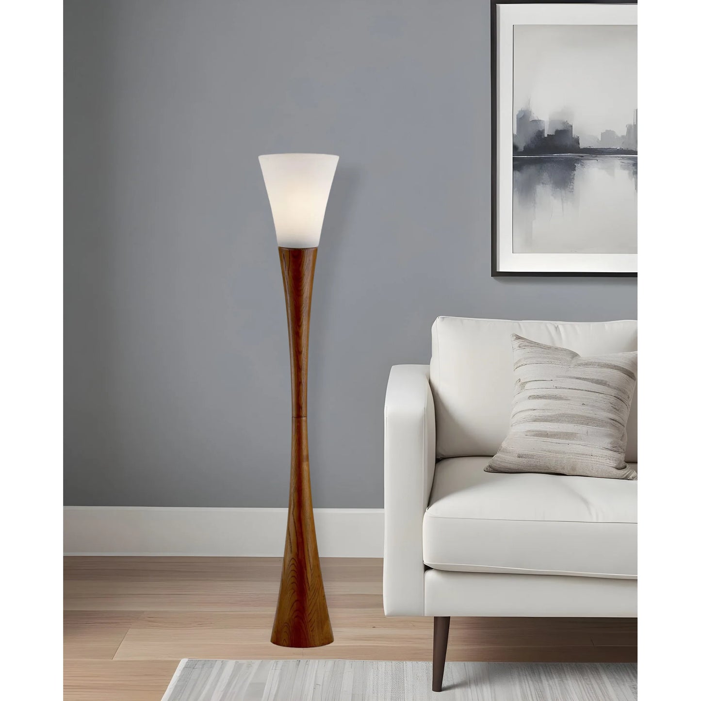 Brown and White Wood Floor Lamp with Acrylic Shade