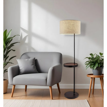 Beige Tray Table Floor Lamp with Drum Shade