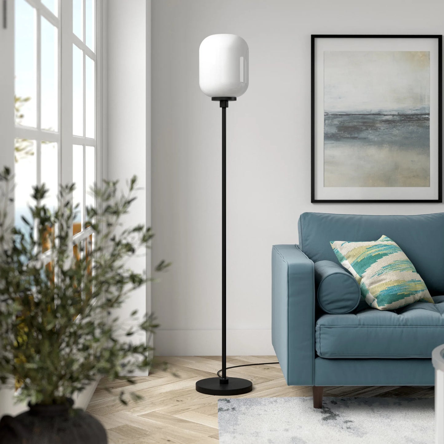 Black LED Floor Lamp with Globe Shade