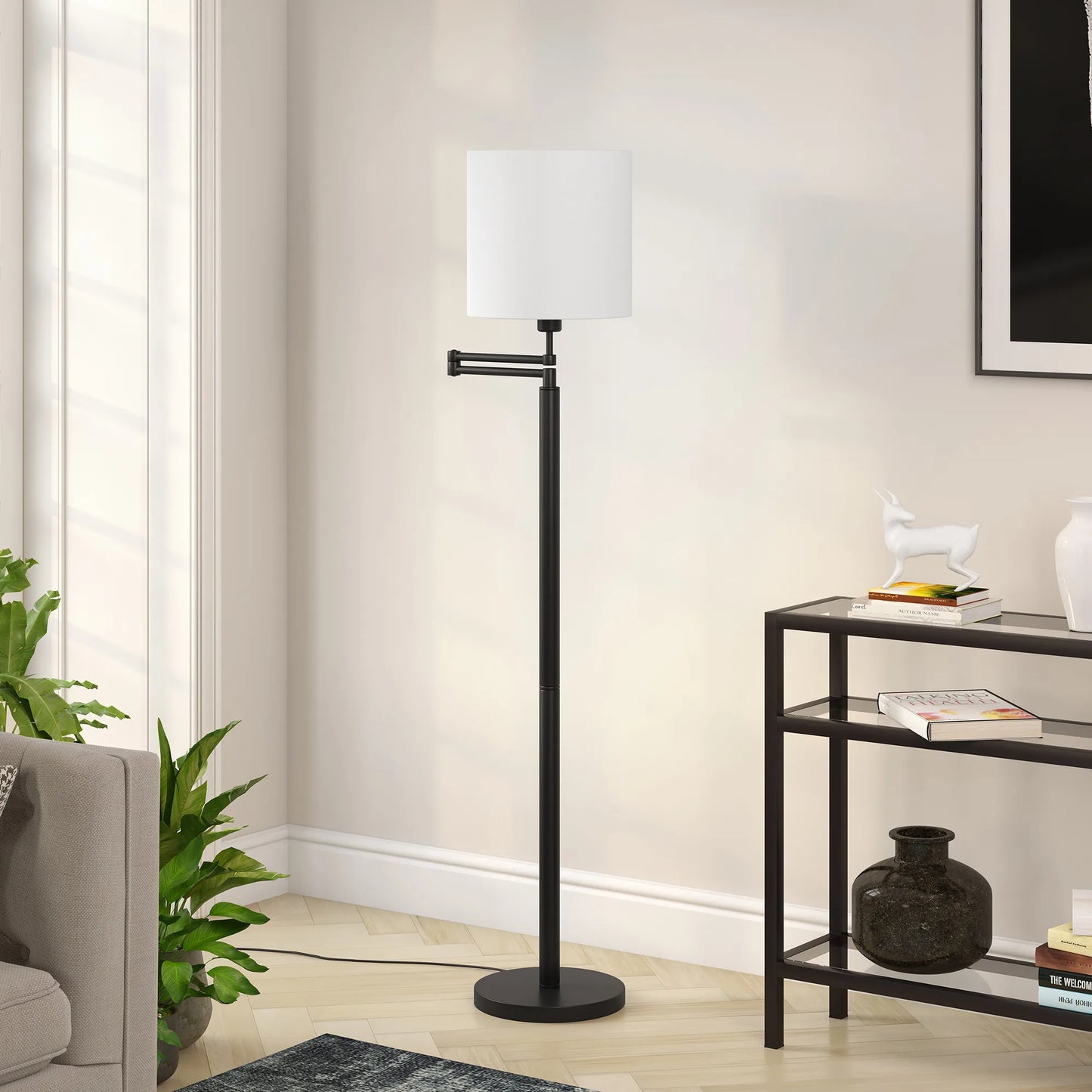 Contemporary Swing Arm Floor Lamp with Frosted Shade