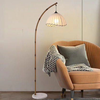 Pleated Fabric Arc Floor Lamp, Bamboo Arm with Marble Base
