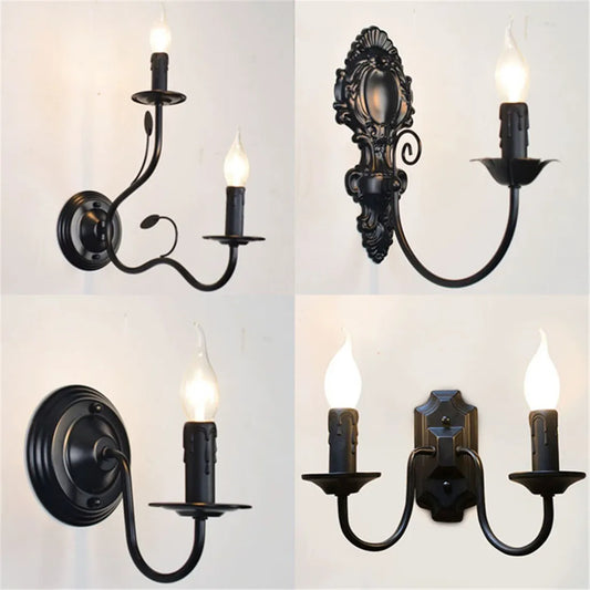 Retro Black Industrial Candle Wall Sconce Set