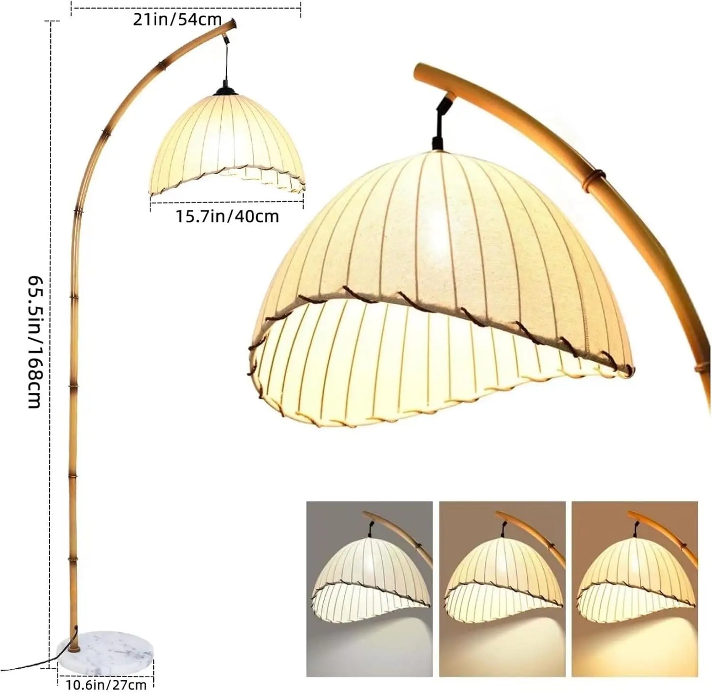 Pleated Fabric Arc Floor Lamp, Bamboo Arm with Marble Base