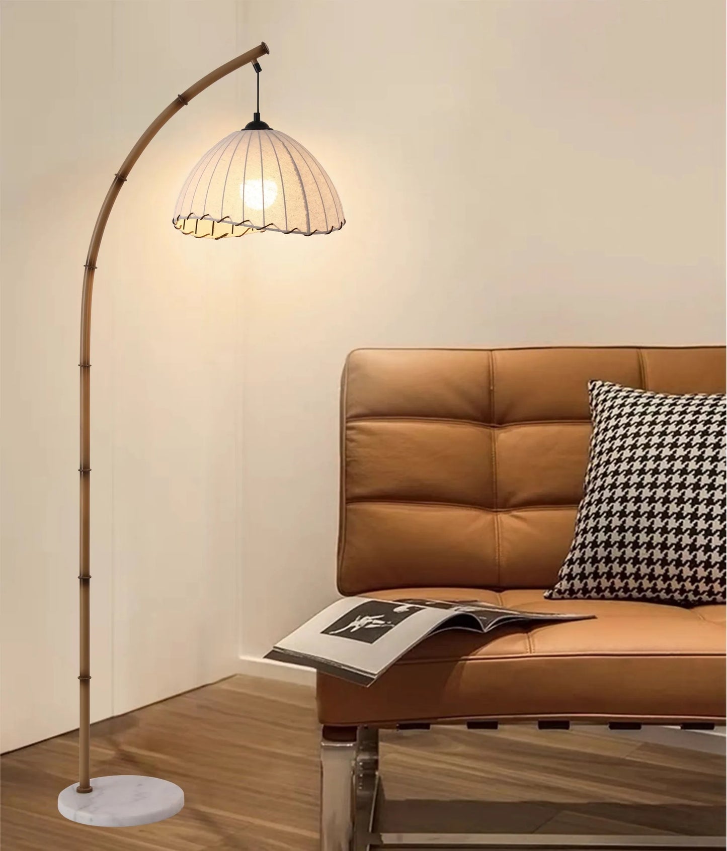 Pleated Fabric Arc Floor Lamp, Bamboo Arm with Marble Base
