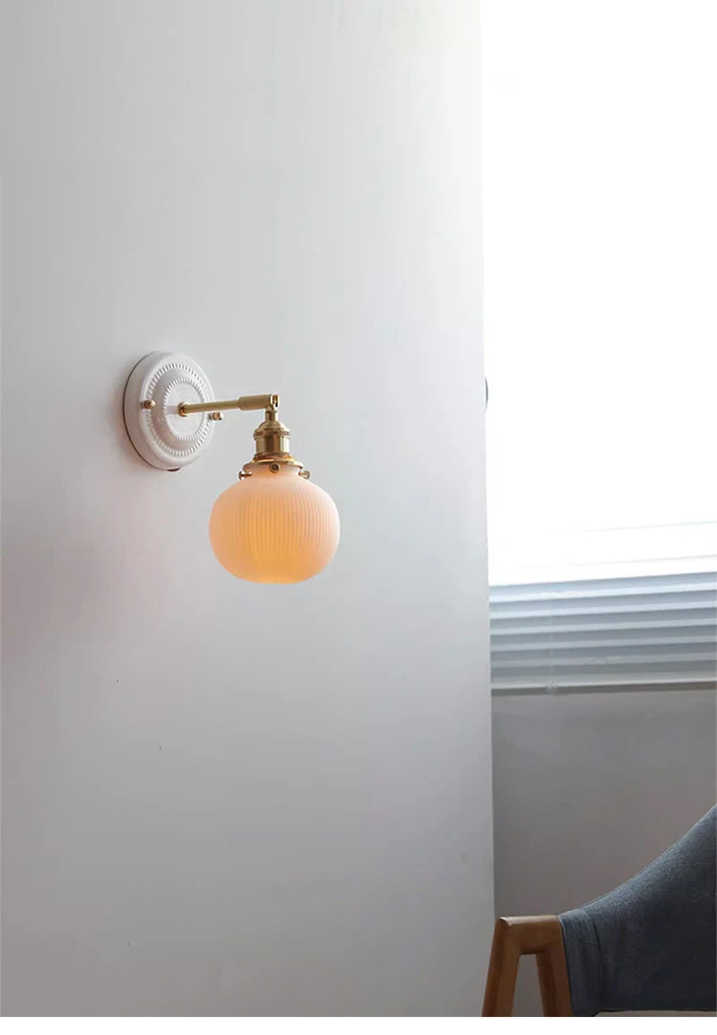 Vintage Porcelain Wall Sconce with Brass Arm