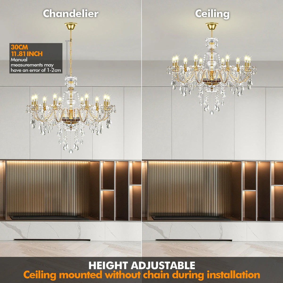 10-Arm K9 Crystal Candle Chandelier, Adjustable Chain