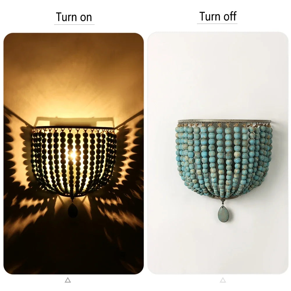 Wood Bead Wall Sconce, Boho Basket Shade