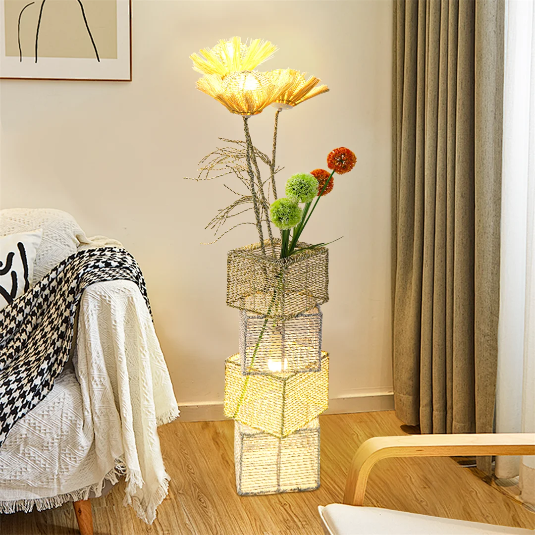 Rattan Floor Lamp, Tall Standing Lantern with Dandelion Flowers or Rattan Balls