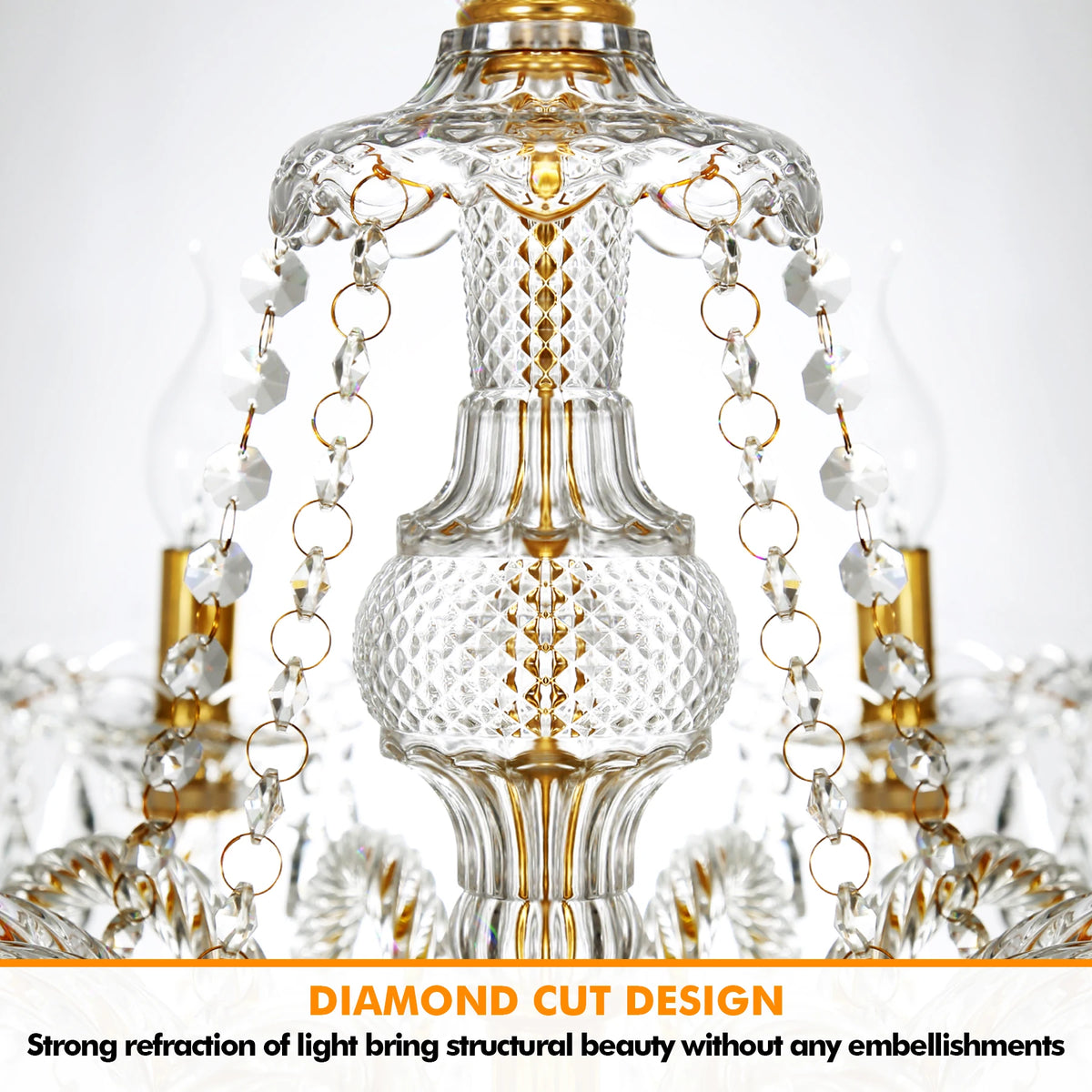 10-Arm K9 Crystal Candle Chandelier, Adjustable Chain