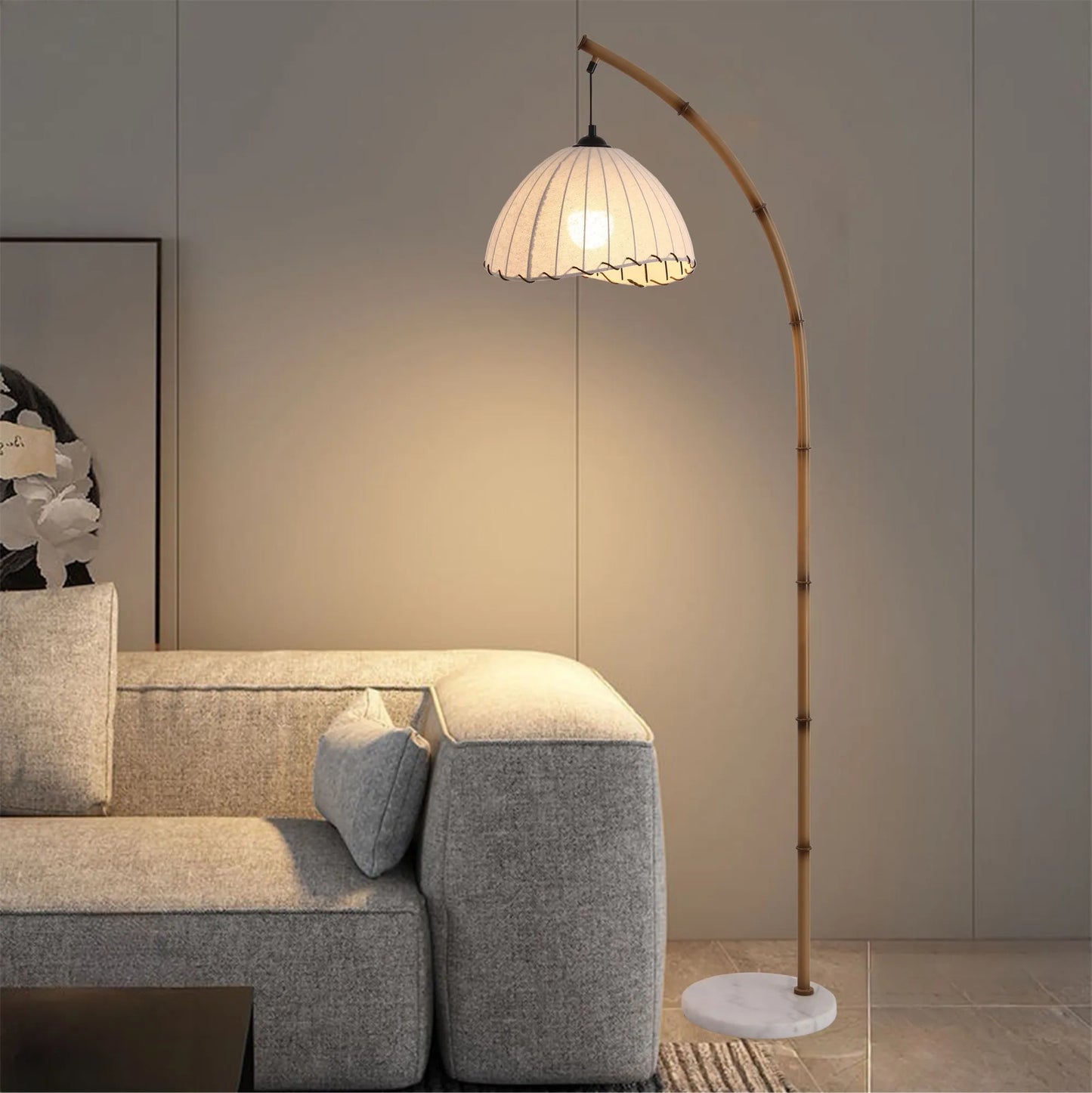 Pleated Fabric Arc Floor Lamp, Bamboo Arm with Marble Base