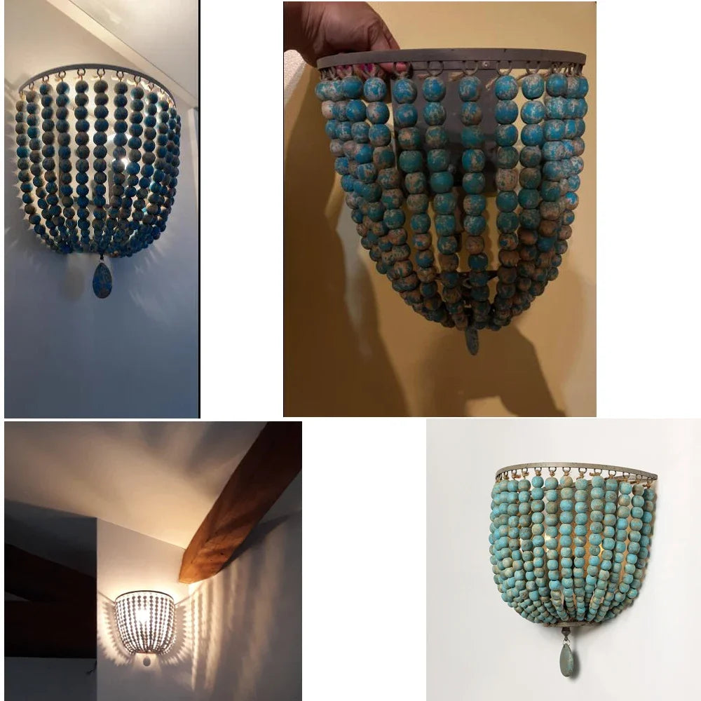 Wood Bead Wall Sconce, Boho Basket Shade