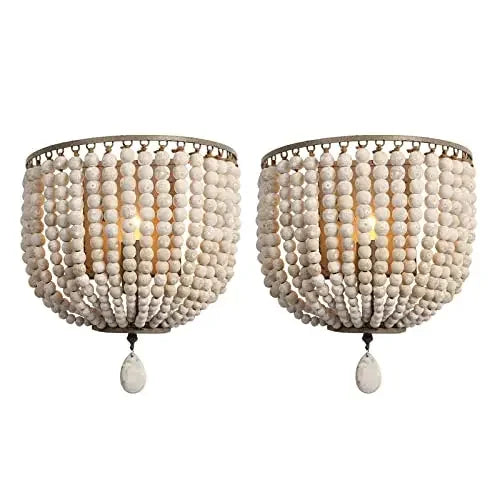 Wood Bead Wall Sconce, Boho Basket Shade