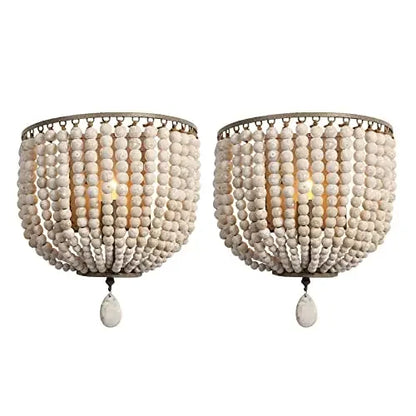 Wood Bead Wall Sconce, Boho Basket Shade