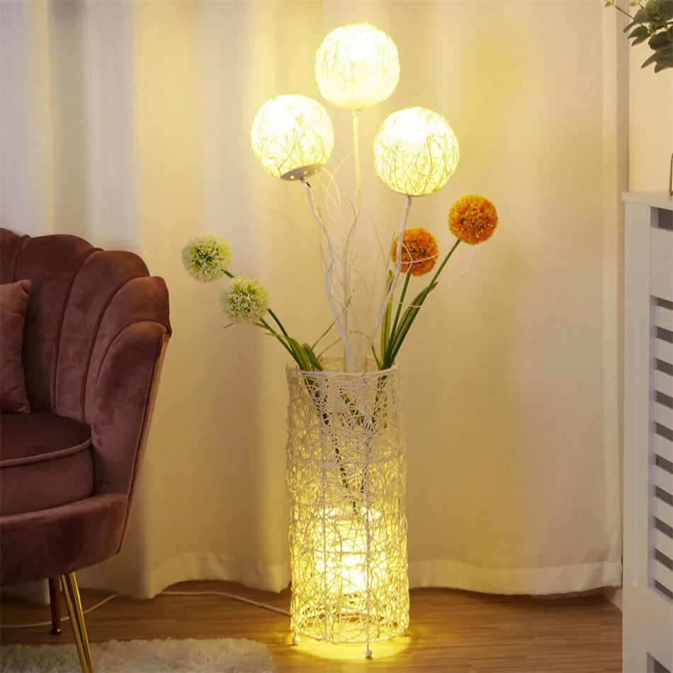 Rattan Floor Lamp, Tall Standing Lantern with Dandelion Flowers or Rattan Balls