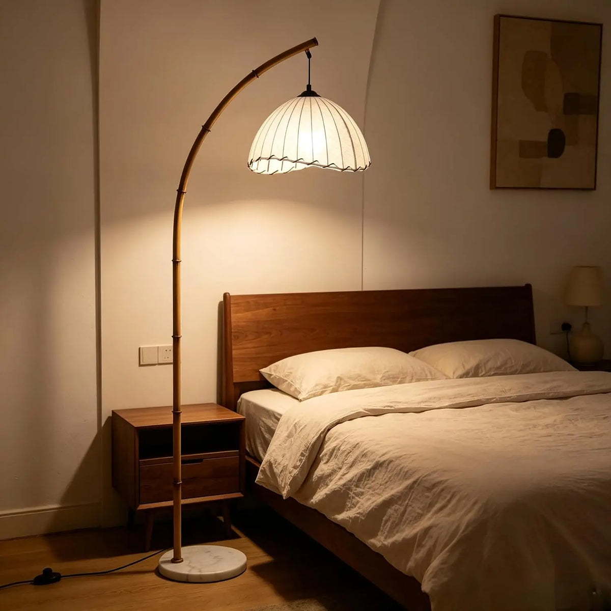 Pleated Fabric Arc Floor Lamp, Bamboo Arm with Marble Base