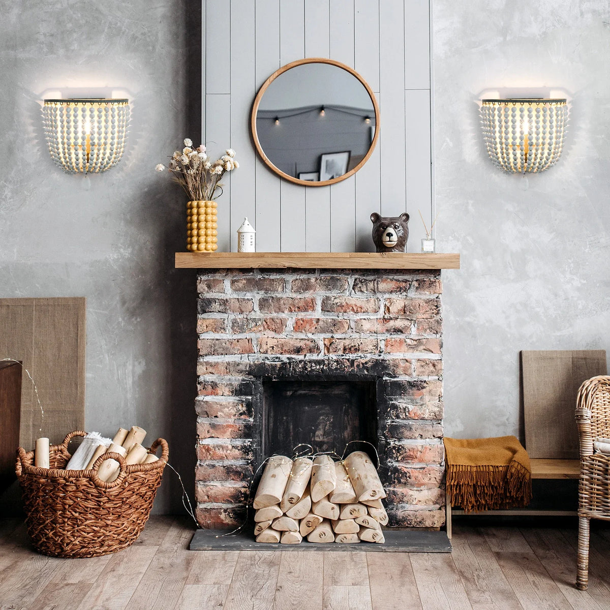 Wood Bead Wall Sconce, Boho Basket Shade