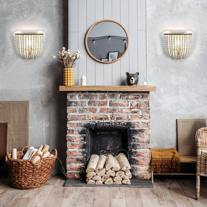 Wood Bead Wall Sconce, Boho Basket Shade