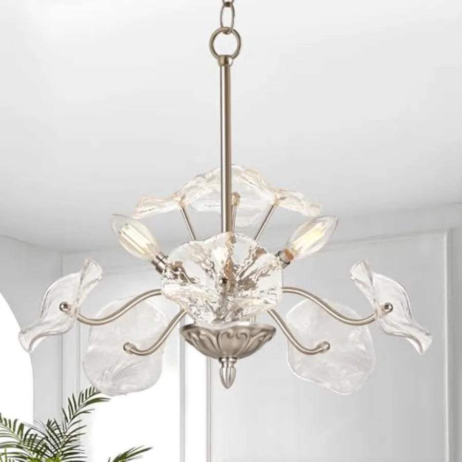 Flower Glass 6-Light Chandelier, Mid-Century Petal Shades — Brass, Black or Nickel