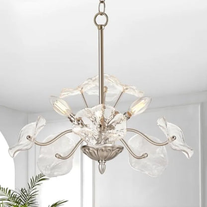 Flower Glass 6-Light Chandelier, Mid-Century Petal Shades — Brass, Black or Nickel