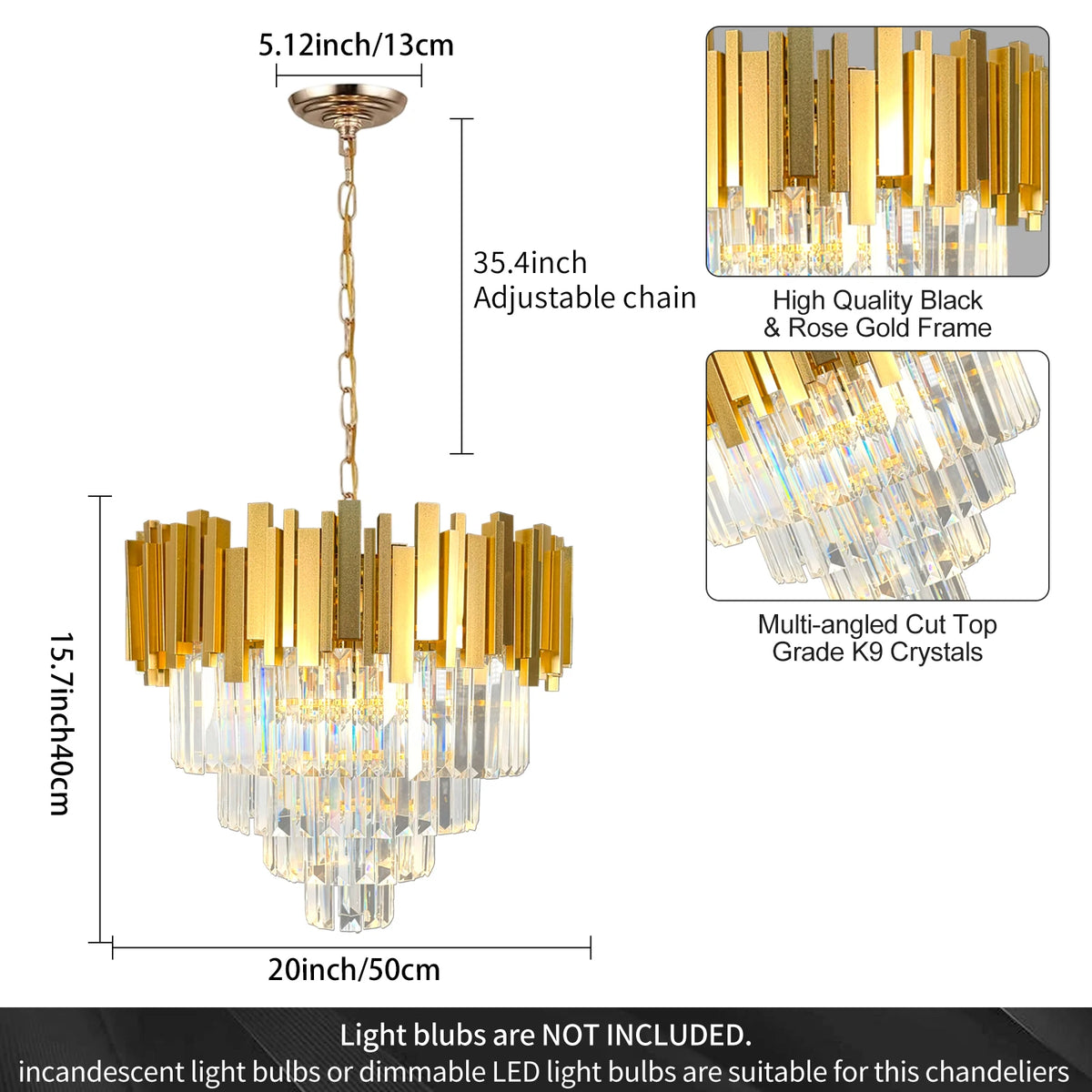 4-Tier Gold K9 Crystal Chandelier, 50 cm, Dimmable