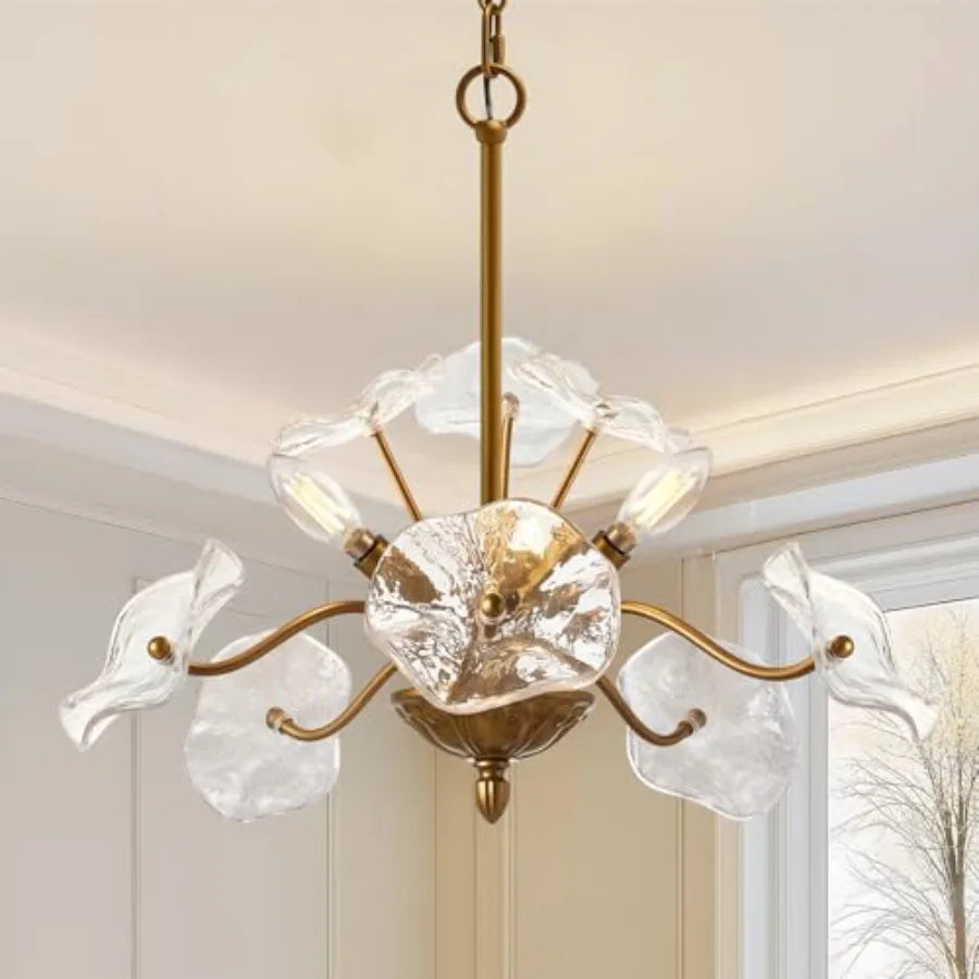 Flower Glass 6-Light Chandelier, Mid-Century Petal Shades — Brass, Black or Nickel