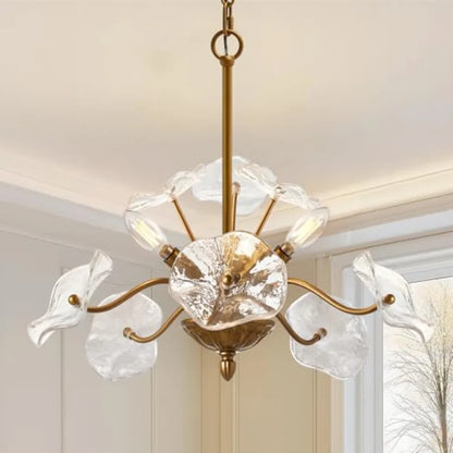 Flower Glass 6-Light Chandelier, Mid-Century Petal Shades — Brass, Black or Nickel