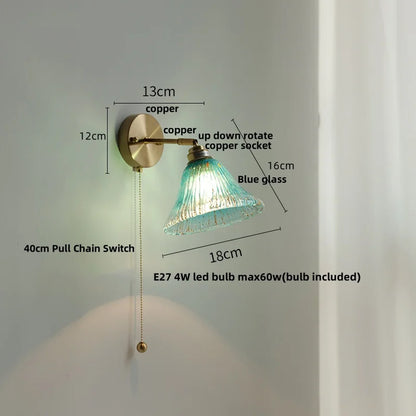 Nordic Blue Glass Pull Chain Wall Sconce Lamp