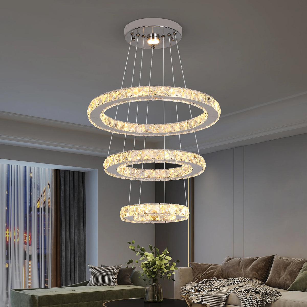 3-Ring Crystal LED Pendant Chandelier