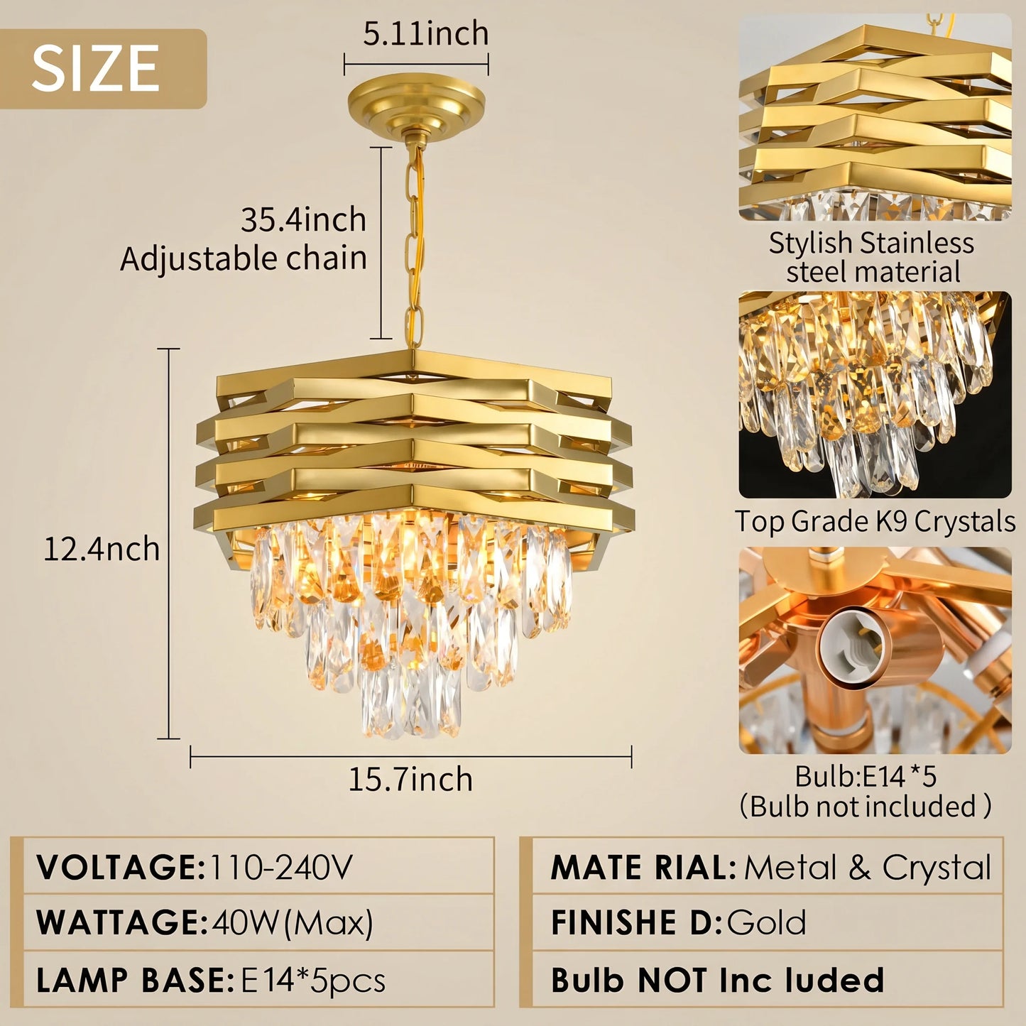 Gold Raindrop Crystal Chandelier, 5-Light, Adjustable Chain